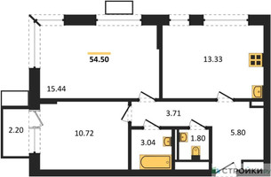 Планировка двухкомнатной(квартира) площадью 54.5 квадратных метров в “ЖК Прибрежный Парк”