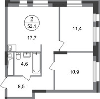 Планировка двухкомнатной(квартира) площадью 53.1 квадратных метров в “ЖК Первый Московский”