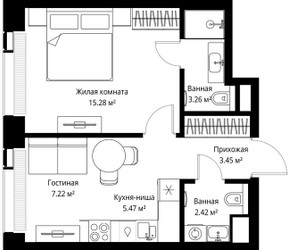 Планировка однокомнатной(квартира) площадью 37.1 квадратных метров в ЖК “ЖК Веер”