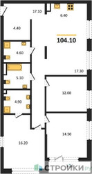 Планировка трехкомнатной(квартира) площадью 104.1 квадратных метров в ЖК “ЖК Дом на Зорге”