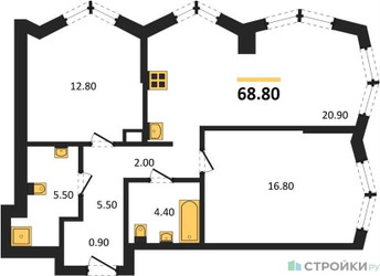 Планировка двухкомнатной(квартира) площадью 68.8 квадратных метров в ЖК “Акценты”