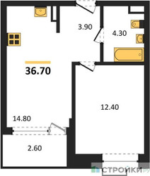 Планировка однокомнатной(квартира) площадью 36.7 квадратных метров в ЖК “ЖК Прокшино”