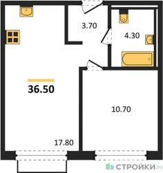 Планировка однокомнатной(квартира) площадью 36.5 квадратных метров в ЖК “ЖК Равновесие”