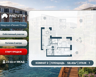 Планировка двухкомнатной(квартира) площадью 58.4 квадратных метров в ЖК “ЖК Мечта”