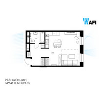 Планировка однокомнатной(апартаменты) площадью 45 квадратных метров в “ЖК Резиденции Архитекторов”