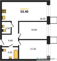 Планировка двухкомнатной(квартира) площадью 53.4 квадратных метров в “Сити квартал Отрада”