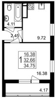 Планировка однокомнатной(квартира) площадью 34.75 квадратных метров в “ЖК Красногорский”