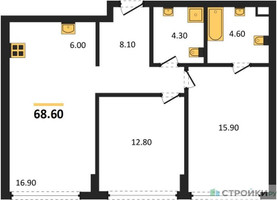 Планировка двухкомнатной(квартира) площадью 68.6 квадратных метров в “ЖК River Park Кутузовский (Ривер Парк Тауэрс)”