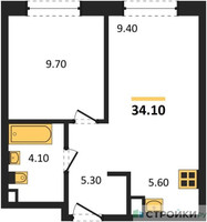 Планировка однокомнатной(квартира) площадью 34.1 квадратных метров в “ЖК Ольховый Квартал”