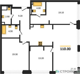 Планировка трехкомнатной(квартира) площадью 110 квадратных метров в ЖК “ЖК СТОУН Грэйн”