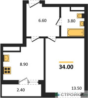 Планировка однокомнатной(квартира) площадью 34 квадратных метров в “ЖК Прокшино”