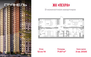 Планировка трехкомнатной(квартира) площадью 71.87 квадратных метров в “ЖК Пехра”
