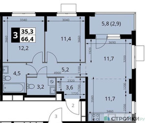 Планировка двухкомнатной(квартира) площадью 66.4 квадратных метров в ЖК “ЖК 1-й Измайловский (Первый Измайловский)”