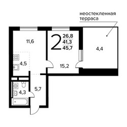 Планировка двухкомнатной(квартира) площадью 45.7 квадратных метров в ЖК “Новые Ватутинки. Заречный”