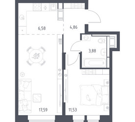 Планировка однокомнатной(квартира) площадью 44.44 квадратных метров в ЖК “ЖК Большое Путилково”