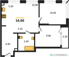 Планировка двухкомнатной(квартира) площадью 54.9 квадратных метров в “ЖК АЛИА”