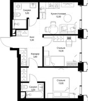 Планировка двухкомнатной(квартира) площадью 54 квадратных метров в “ЖК СЕТ”