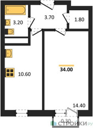 Планировка однокомнатной(квартира) площадью 34 квадратных метров в ЖК “ЖК Южная Долина”