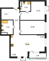 Планировка двухкомнатной(квартира) площадью 75.3 квадратных метров в “ЖК Южные сады”