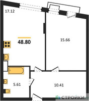 Планировка однокомнатной(квартира) площадью 48.8 квадратных метров в “ЖК Эльйон”