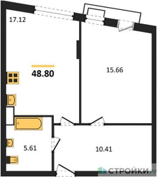 Планировка однокомнатной(квартира) площадью 48.8 квадратных метров в ЖК “ЖК Эльйон”