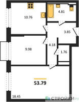 Планировка двухкомнатной(квартира) площадью 53.79 квадратных метров в “ЖК Квартал Авиаторов”