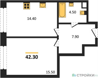 Планировка однокомнатной(квартира) площадью 42.3 квадратных метров в ЖК “ЖК Нагатино Ай-Лэнд”