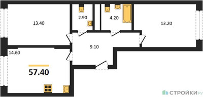 Планировка двухкомнатной(квартира) площадью 57.4 квадратных метров в ЖК “ЖК Переделкино Ближнее”