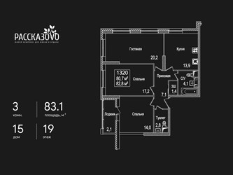 Планировка трехкомнатной(квартира) площадью 83.1 квадратных метров в ЖК “ЖК Рассказово”