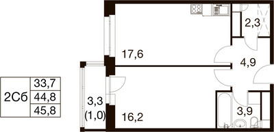 Планировка однокомнатной(квартира) площадью 44.1 квадратных метров в ЖК “ЖК Идеал”