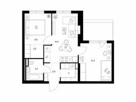 Планировка двухкомнатной(квартира) площадью 48.7 квадратных метров в “ЖК Восточное Бутово”