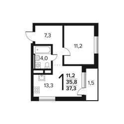 Планировка однокомнатной(квартира) площадью 37.3 квадратных метров в ЖК “Новые Ватутинки. Заречный”