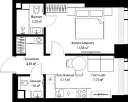 Планировка однокомнатной(квартира) площадью 36.78 квадратных метров в “ЖК Веер”