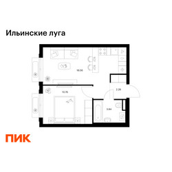 Планировка однокомнатной(квартира) площадью 34.94 квадратных метров в ЖК “ЖК Ильинские луга”
