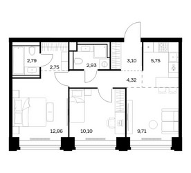 Планировка двухкомнатной(квартира) площадью 54.31 квадратных метров в ЖК “ЖК НОВА”