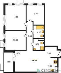 Планировка трехкомнатной(квартира) площадью 78.4 квадратных метров в ЖК “ЖК Скандинавия”