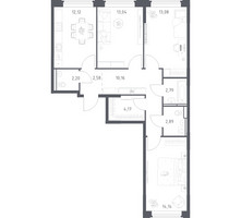 Планировка трехкомнатной(квартира) площадью 77.17 квадратных метров в “ЖК Космический Квартал”