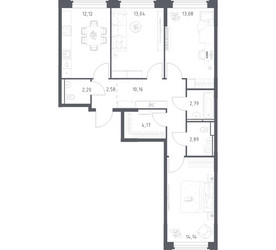 Планировка трехкомнатной(квартира) площадью 77.17 квадратных метров в ЖК “ЖК Космический Квартал”