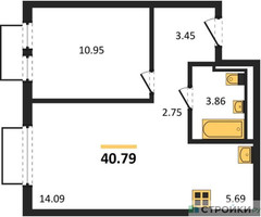 Планировка однокомнатной(квартира) площадью 40.79 квадратных метров в “ЖК Пригород Лесное”
