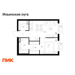 Планировка однокомнатной(квартира) площадью 37.2 квадратных метров в ЖК “ЖК Ильинские луга”