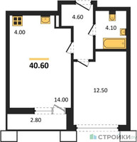 Планировка однокомнатной(квартира) площадью 40.6 квадратных метров в “ЖК Родные кварталы”