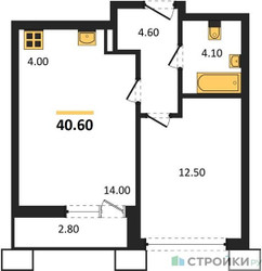 Планировка однокомнатной(квартира) площадью 40.6 квадратных метров в ЖК “ЖК Родные кварталы”