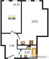 Планировка однокомнатной(апартаменты) площадью 42 квадратных метров в “ЖК Равновесие”