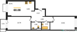 Планировка двухкомнатной(квартира) площадью 60.08 квадратных метров в “ЖК Квартал Марьино”