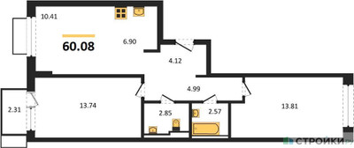 Планировка двухкомнатной(квартира) площадью 60.08 квадратных метров в ЖК “ЖК Квартал Марьино”