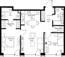 Планировка двухкомнатной(квартира) площадью 66.32 квадратных метров в “ЖК СЕТ”