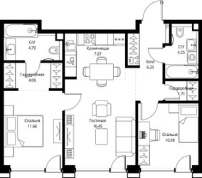 Планировка двухкомнатной(квартира) площадью 66.32 квадратных метров в ЖК “ЖК СЕТ”