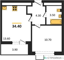 Планировка однокомнатной(квартира) площадью 34.4 квадратных метров в ЖК “ЖК 1-й Южный (Первый Южный)”