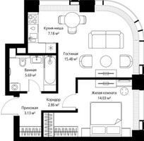 Планировка однокомнатной(квартира) площадью 48.37 квадратных метров в “ЖК Веер”