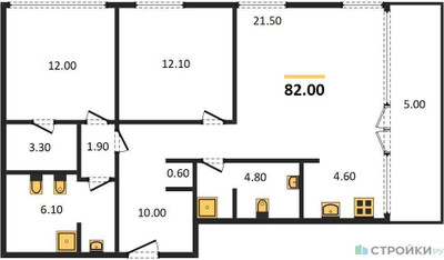 Планировка двухкомнатной(квартира) площадью 82.8 квадратных метров в ЖК “ЖК SHIFT (Шифт)”